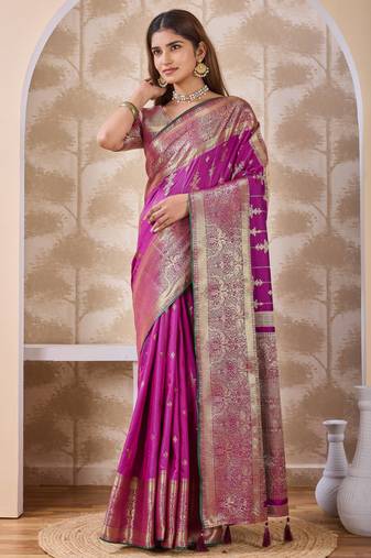 magenta pink zari work banarasi silk blend saree with tassels saree with blouse piece