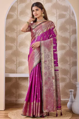 magenta pink zari work banarasi silk blend saree with tassels saree with blouse piece