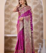 magenta pink zari work banarasi silk blend saree with tassels saree with blouse piece