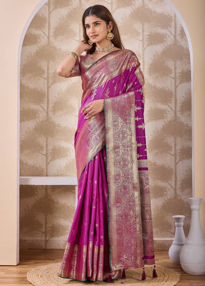 magenta pink zari work banarasi silk blend saree with tassels saree with blouse piece