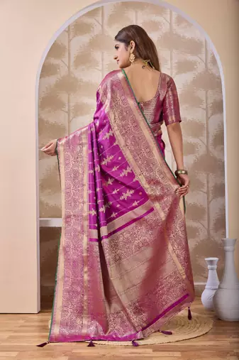 magenta pink zari work banarasi silk blend saree with tassels saree with blouse piece