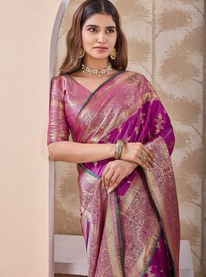 magenta pink zari work banarasi silk blend saree with tassels saree with blouse piece 3