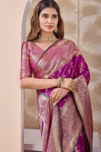 magenta pink zari work banarasi silk blend saree with tassels saree with blouse piece