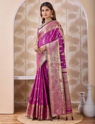 magenta pink zari work banarasi silk blend saree with tassels saree with blouse piece 4
