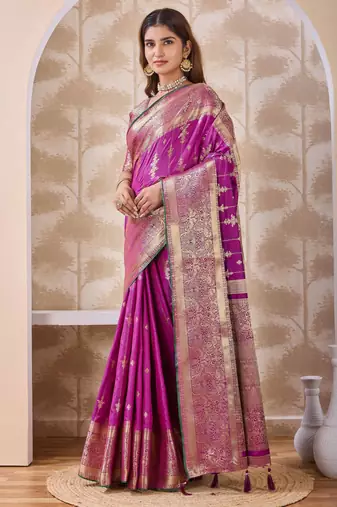 magenta pink zari work banarasi silk blend saree with tassels saree with blouse piece