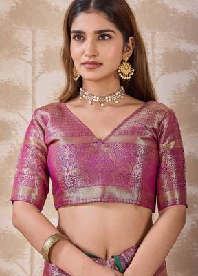 magenta pink zari work banarasi silk blend saree with tassels saree with blouse piece 5