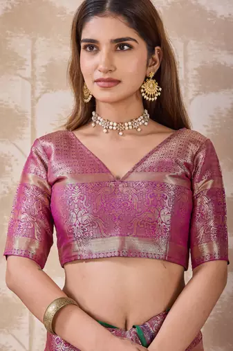 magenta pink zari work banarasi silk blend saree with tassels saree with blouse piece