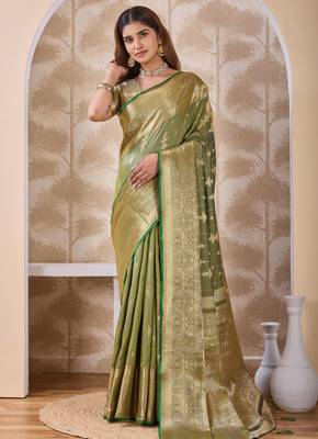 olive green zari work banarasi silk blend saree with tassels saree with blouse piece 1