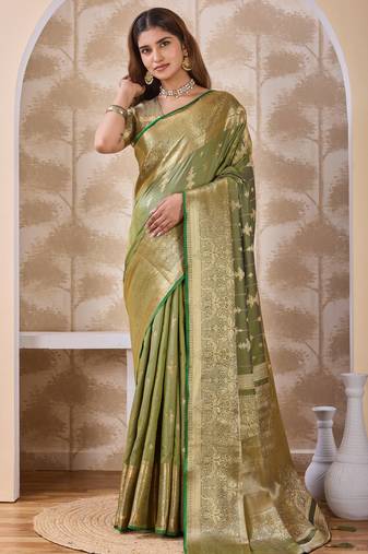 olive green zari work banarasi silk blend saree with tassels saree with blouse piece