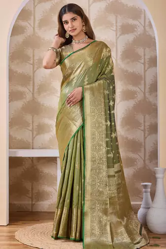 olive green zari work banarasi silk blend saree with tassels saree with blouse piece