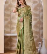 olive green zari work banarasi silk blend saree with tassels saree with blouse piece