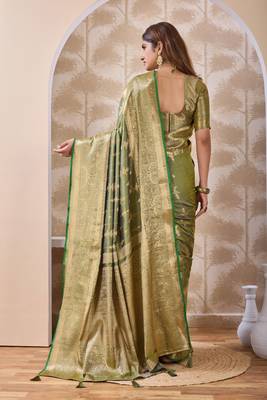 olive green zari work banarasi silk blend saree with tassels saree with blouse piece 2