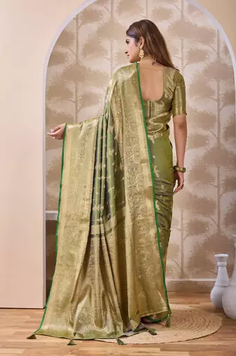olive green zari work banarasi silk blend saree with tassels saree with blouse piece