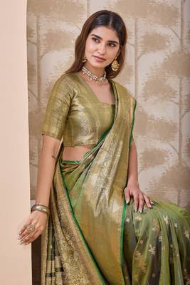 olive green zari work banarasi silk blend saree with tassels saree with blouse piece 3