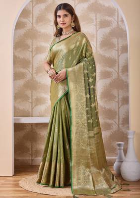 olive green zari work banarasi silk blend saree with tassels saree with blouse piece 4