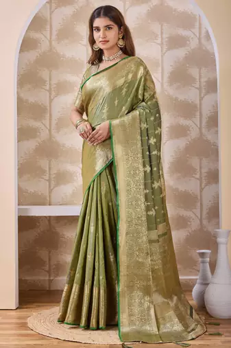 olive green zari work banarasi silk blend saree with tassels saree with blouse piece