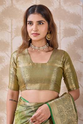 olive green zari work banarasi silk blend saree with tassels saree with blouse piece 5