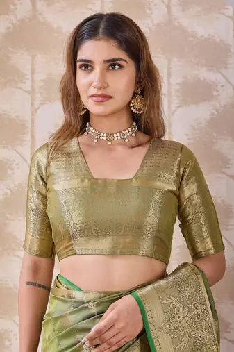 olive green zari work banarasi silk blend saree with tassels saree with blouse piece