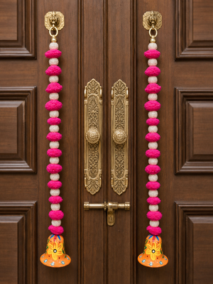 handmade pink pom pom bell hanging decorative pearl beads latkan for home decoration (pack of 4) 1