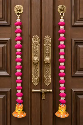 handmade pink pom pom bell hanging decorative pearl beads latkan for home decoration (pack of 4)