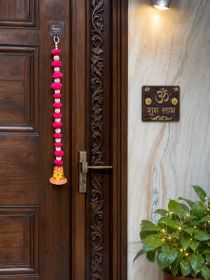 handmade pink pom pom bell hanging decorative pearl beads latkan for home decoration (pack of 4) 2