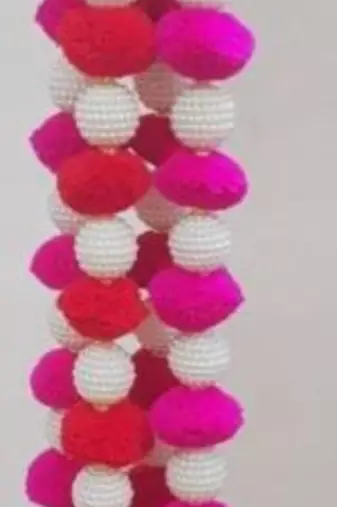 handmade pink pom pom bell hanging decorative pearl beads latkan for home decoration (pack of 4)