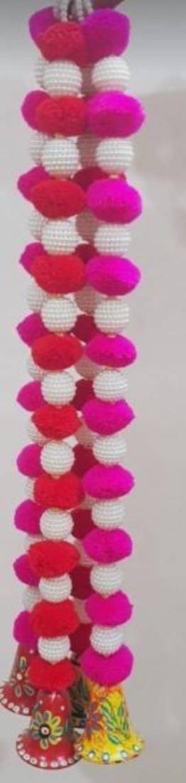 handmade pink pom pom bell hanging decorative pearl beads latkan for home decoration (pack of 4)