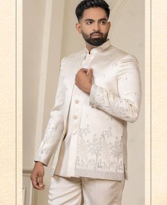 Beige color sky blue touchup jodhpuri for men | men's ethnic wear 1