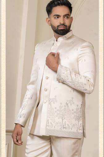 Beige color sky blue touchup jodhpuri for men | men's ethnic wear