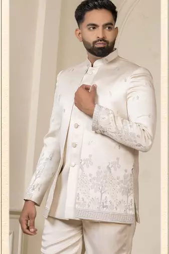 Beige color sky blue touchup jodhpuri for men | men's ethnic wear