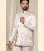Beige color sky blue touchup jodhpuri for men | men's ethnic wear