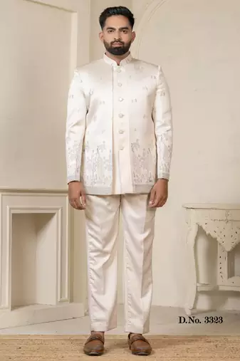 Beige color sky blue touchup jodhpuri for men | men's ethnic wear
