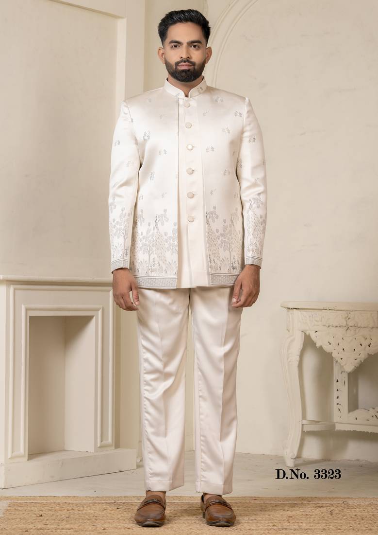 Beige color sky blue touchup jodhpuri for men | men's ethnic wear