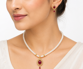 Pearl strand necklace and earring set with ruby pendant gold-tone setting, oval ruby centerpiece, drop earrings included 1