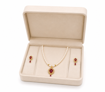 Pearl strand necklace and earring set with ruby pendant gold-tone setting, oval ruby centerpiece, drop earrings included 2