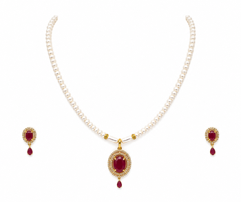 Pearl strand necklace and earring set with ruby pendant gold-tone setting, oval ruby centerpiece, drop earrings included 3