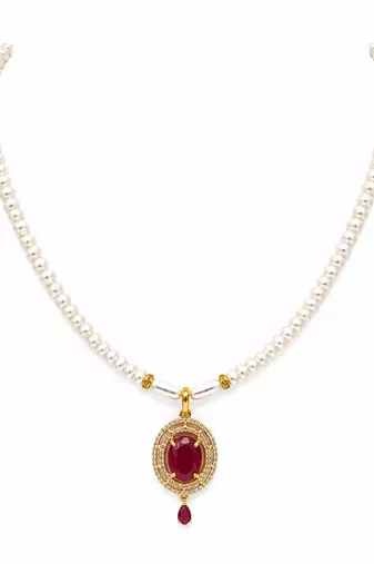 Pearl strand necklace and earring set with ruby pendant gold-tone setting, oval ruby centerpiece, drop earrings included