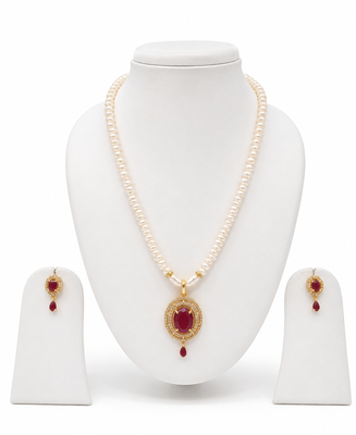 Pearl strand necklace and earring set with ruby pendant gold-tone setting, oval ruby centerpiece, drop earrings included 4