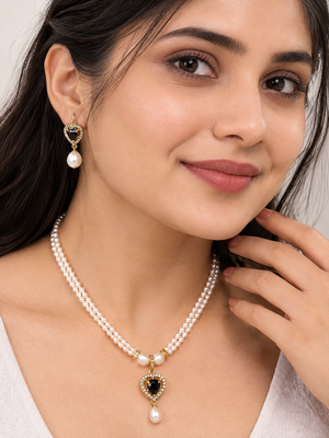 Pearl double strand necklace & earring set with black heart pendant gold-tone setting, cz studded pendant, drop earrings 1