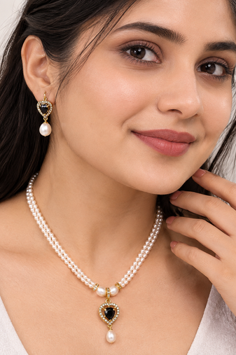 Pearl double strand necklace & earring set with black heart pendant gold-tone setting, cz studded pendant, drop earrings