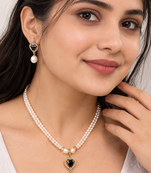 Pearl double strand necklace & earring set with black heart pendant gold-tone setting, cz studded pendant, drop earrings
