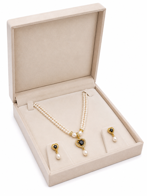 Pearl double strand necklace & earring set with black heart pendant gold-tone setting, cz studded pendant, drop earrings 2