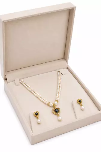 Pearl double strand necklace & earring set with black heart pendant gold-tone setting, cz studded pendant, drop earrings