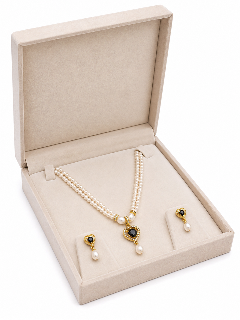 Pearl double strand necklace & earring set with black heart pendant gold-tone setting, cz studded pendant, drop earrings