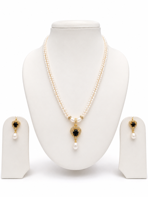 Pearl double strand necklace & earring set with black heart pendant gold-tone setting, cz studded pendant, drop earrings 3