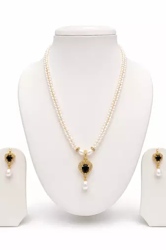 Pearl double strand necklace & earring set with black heart pendant gold-tone setting, cz studded pendant, drop earrings