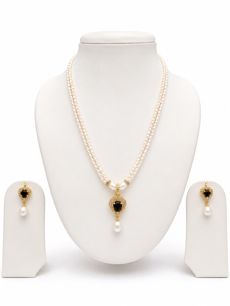 Pearl double strand necklace & earring set with black heart pendant gold-tone setting, cz studded pendant, drop earrings