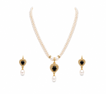 Pearl double strand necklace & earring set with black heart pendant gold-tone setting, cz studded pendant, drop earrings 4