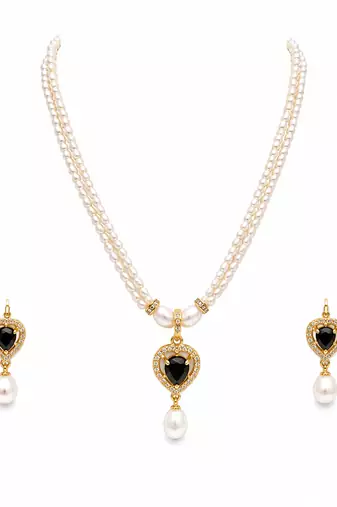 Pearl double strand necklace & earring set with black heart pendant gold-tone setting, cz studded pendant, drop earrings