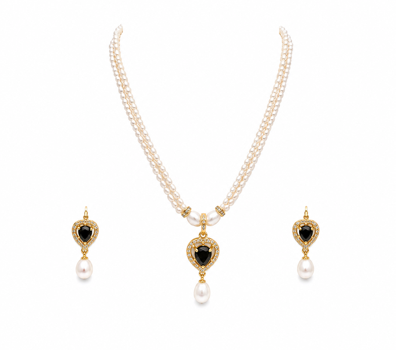 Pearl double strand necklace & earring set with black heart pendant gold-tone setting, cz studded pendant, drop earrings